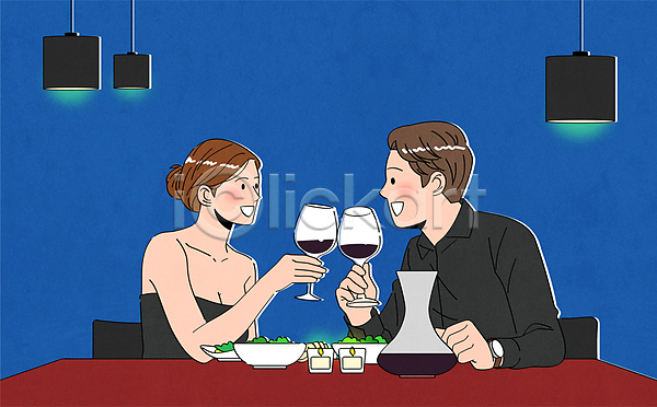 함께함 남자 두명 성인 성인만 여자 AI(파일형식) 일러스트 건배 데이트 들기 마주보기 상반신 와인 와인바 와인잔 웃음 조명 커플