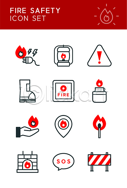 사람없음 AI(파일형식) 라인아이콘 아이콘 sos 검은색 경고 구조요청 라이터 랜턴 말풍선 버튼 벽난로 불꽃(불) 빨간색 성냥 손모양 신고 안전가드 위치 장화 전기에너지 플러그 화재