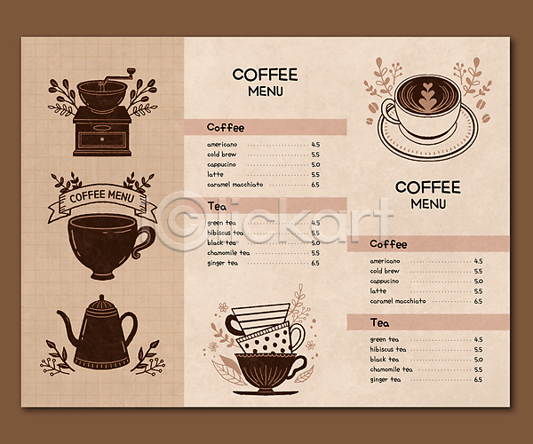 사람없음 AI(파일형식) 일러스트 갈색 그라인더 디저트 라떼아트 메뉴판 주전자 차(음료) 찻잔 카페 커피 커피잔
