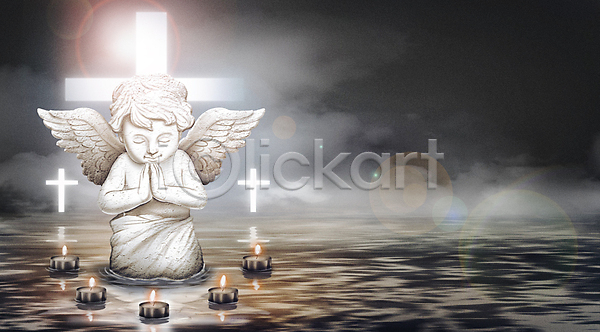 믿음 신비 사람없음 PSD 일러스트 검은색 구름(자연) 기도 기독교 눈감음 동상 무릎꿇기 물 백그라운드 부활절 빛 십자가 천사 천사상 촛불