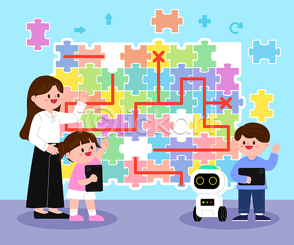 남자 성인 세명 소녀(어린이) 소년 어린이 여자 AI(파일형식) 일러스트 AI(인공지능) 가리킴 경로 교사 남학생 들기 로봇 맞추기 문제해결 서기 수업 어린이교육 에듀테크 여학생 전신 코딩 태블릿 퍼즐 퍼즐조각 프로그래밍