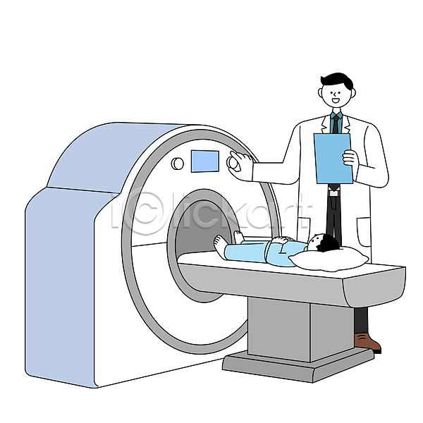 남자 남자만 두명 성인 소년 어린이 AI(파일형식) 일러스트 CT촬영 MRI 눕기 들기 서기 서류판 소아과 소아과의사 심플 의사 전신 치료 환자