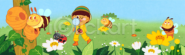 남자 소년 소년한명만 어린이 한명 AI(파일형식) 일러스트 관찰 꽃 꽃밭 꿀벌 나무 노란색 돋보기 들기 무당벌레 백그라운드 벌집 여러마리 와이드컷 자연관찰 자연학습 전신 초록색 초원(자연) 풀잎
