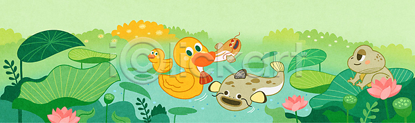 사람없음 AI(파일형식) 일러스트 강 개구리 두꺼비 메기 물기(모션) 미꾸라지 민물고기 백그라운드 여러마리 연꽃(꽃) 연잎 오리 와이드컷 자연학습 초록색 호수