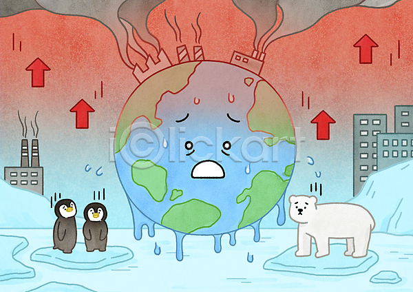 뜨거움 상승 지구온난화 환경오염 사람없음 PSD 일러스트 공장 기온상승 기후위기 녹음(녹이기) 더위 바다 북극곰 빙하 열 온도 지구 펭귄 화살표