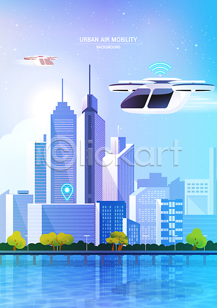 미래 스마트 사람없음 AI(파일형식) 일러스트 강 건물 교통수단 도시 드론 드론택시 미래도시 미래산업 비행 빌딩 위치 파란색 하이테크 항공교통
