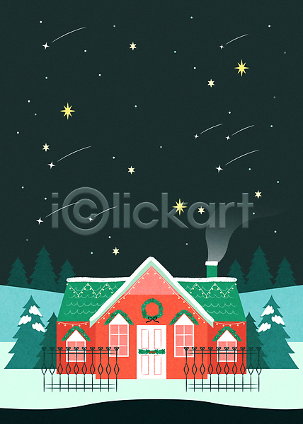 사람없음 AI(파일형식) 일러스트 겨울 겨울풍경 나무 밤하늘 별 야간 연기 유성 주택 크리스마스