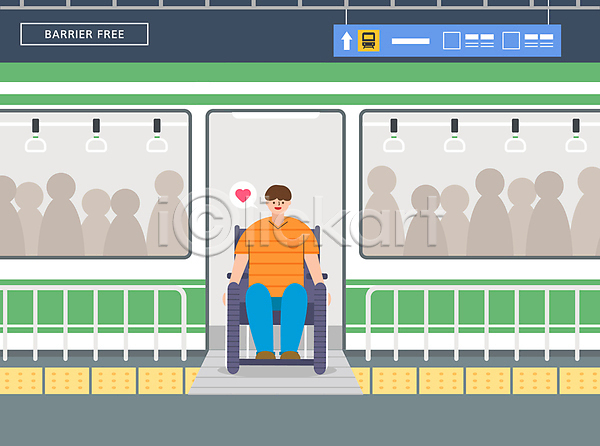 편리함 남자 사람모양 성인 성인남자한명만 한명 AI(파일형식) 일러스트 발판 배리어프리 승객 앉기 장애인 장애인복지 전신 전철 탑승객 하차 휠체어