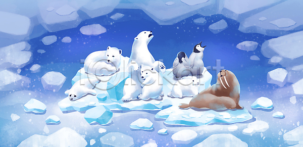 고통 지구온난화 사람없음 PSD 일러스트 경고 기후위기 남극 녹음(녹이기) 눈(날씨) 바다 바다코끼리 바다표범 북극 북극곰 북극여우 빙하 얼음 자연재해 토끼 파란색 펭귄 피해 해수면상승