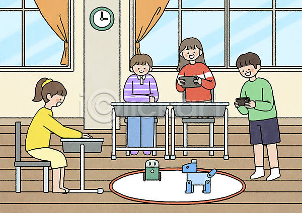 남자 소녀(어린이) 소년 어린이 어린이만 여러명 여자 PSD 일러스트 AI(인공지능) 교실 교육 구경 로봇 상반신 서기 앉기 에듀테크 전신 조종장치 책상 코딩 태블릿