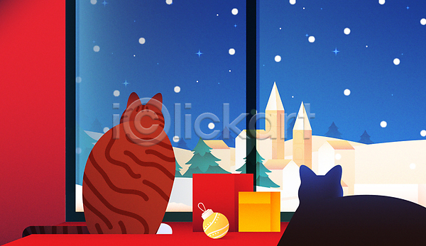 사람없음 AI(파일형식) 일러스트 겨울 겨울풍경 고양이 구경 나무 눈(날씨) 눈내림 두마리 마을 밤하늘 백그라운드 별 선물상자 야간 오너먼트 응시 창가 창문