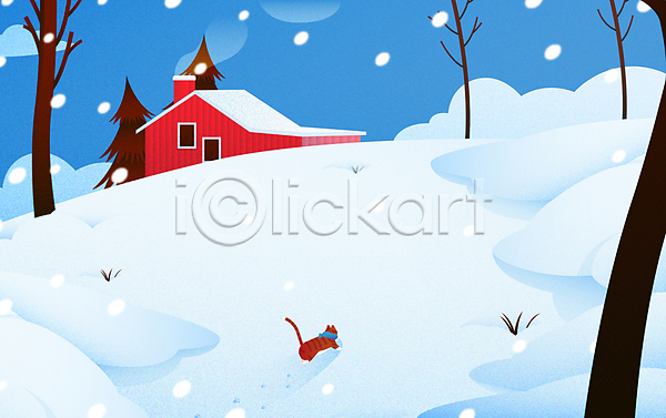 사람없음 AI(파일형식) 일러스트 걷기 겨울 겨울풍경 고양이 굴뚝 나무 눈(날씨) 눈길 발자국 백그라운드 산장 설원 연기 파란색 하늘 한마리