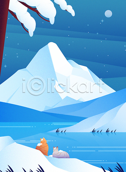 사람없음 AI(파일형식) 일러스트 겨울 겨울풍경 고양이 나무 달 두마리 밤하늘 백그라운드 별 야간 언덕 응시 자연 초원(자연) 파란색 호수
