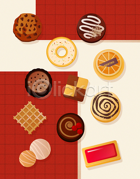 사람없음 AI(파일형식) 일러스트 과자 도넛 디저트 스티커 아기자기 어글리쿠키 오렌지 와플 초코칩쿠키 초콜릿 쿠키