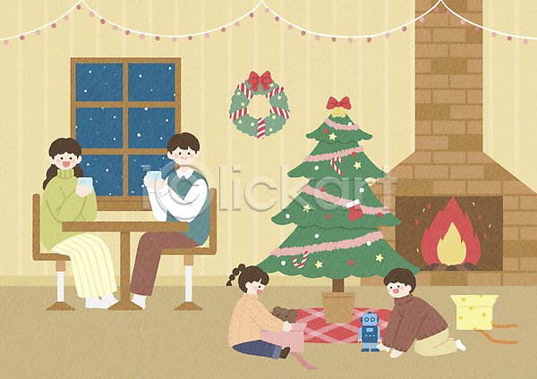 남자 성인 소녀(어린이) 소년 어린이 여러명 여자 PSD 일러스트 가족 겨울 눈(날씨) 들기 머그컵 모닥불 부모 앉기 응시 의자 자녀 창문 크리스마스 크리스마스리스 크리스마스선물 크리스마스트리 탁자