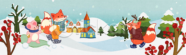 사람없음 AI(파일형식) 일러스트 거리 겨울 교회 눈내림 눈덮임 목도리 백그라운드 세마리 스케이트 썰매 여우 열매 와이드컷 주택 크리스마스 하늘색