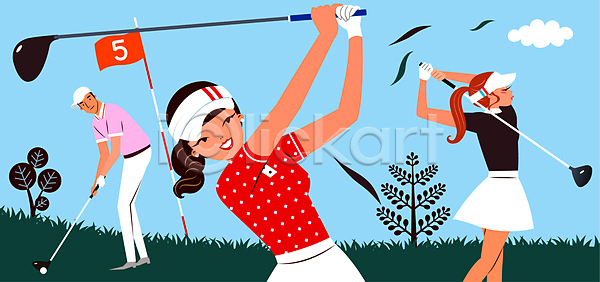 남자 성인 성인만 세명 여자 AI(파일형식) 일러스트 골프 골프깃발 골프장 골프채 구름(자연) 나무 들기 상반신 스윙 전신 하늘색