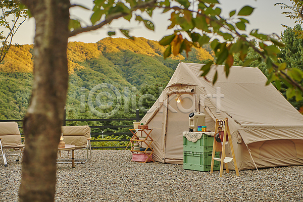 사람없음 JPG 소프트포커스 포토 나무 나뭇가지 노을 야외 오브젝트 잡동사니 주간 캠핑 캠핑도구 캠핑의자 캠핑장 텐트