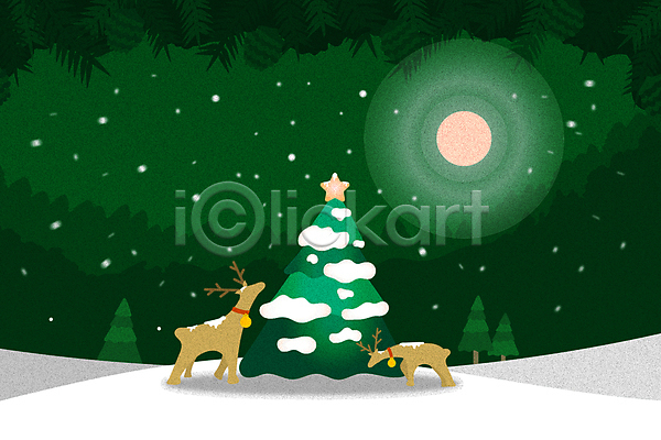 사람없음 AI(파일형식) 일러스트 눈(날씨) 눈내림 달 두마리 루돌프 밤하늘 초록색 크리스마스 크리스마스트리
