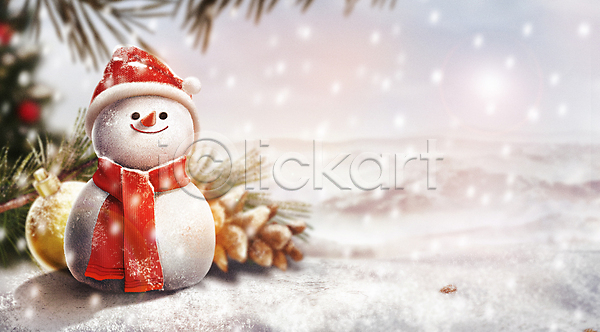 감성 사람없음 PSD 일러스트 겨울 눈(날씨) 눈내림 눈사람 목도리 백그라운드 설원 솔방울 솔잎 크리스마스 풀(식물) 풍경(경치) 흰색
