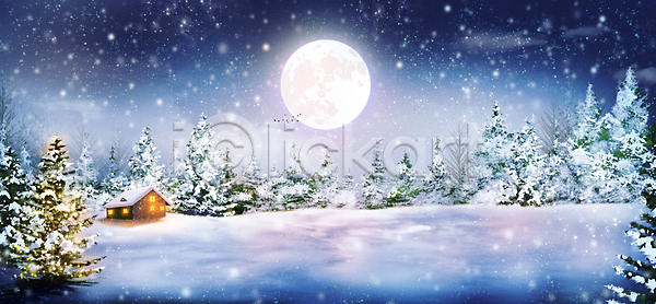 감성 사람없음 PSD 일러스트 겨울 구름(자연) 나무 눈(날씨) 눈내림 달 밤하늘 백그라운드 설원 오두막 주택 크리스마스 파란색