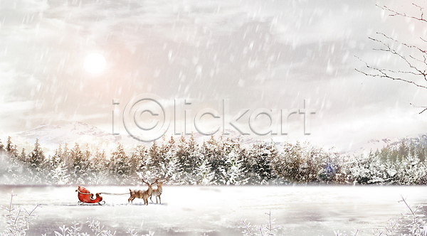 감성 사람없음 PSD 일러스트 겨울 구름(자연) 나무 눈(날씨) 루돌프 백그라운드 사슴 산타클로스 설원 썰매 자연 크리스마스 태양 하늘