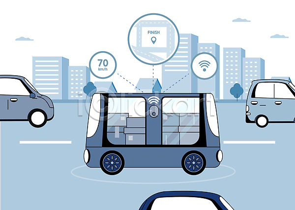 스마트 편리함 사람없음 AI(파일형식) 일러스트 남색 도로 미래자동차 배송 배송중 운반 운송업 자동차 자율주행 탑차 택배 택배상자