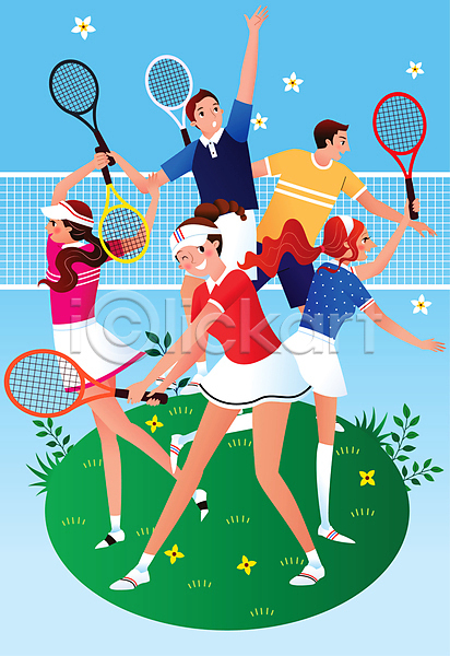 즐거움 함께함 남자 성인 성인만 여러명 여자 AI(파일형식) 일러스트 그룹 네트 동호회 들기 모임 서기 손들기 윙크 전신 테니스 테니스라켓 테니스복 테니스선수