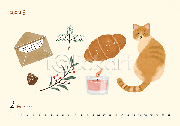 사람없음 PSD 일러스트 2023년 2월 겨울 고양이 나무열매 나뭇잎 달력 소금빵 솔방울 오브젝트 편지 편지봉투 향초