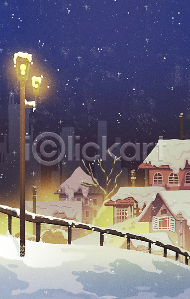 감성 사람없음 PSD 일러스트 가로등 건물 겨울 나무 남색 눈(날씨) 눈내림 눈덮임 눈송이 달동네 도시 마을 반짝임 밤하늘 백그라운드 야간 주택 풍경(경치) 하늘