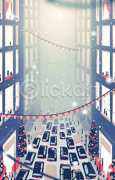 감성 사람모양 PSD 일러스트 가랜드 가로등 건물 겨울 눈(날씨) 눈덮임 도로 도시 러시아워 백그라운드 빌딩 빛 자동차 크리스마스 크리스마스트리