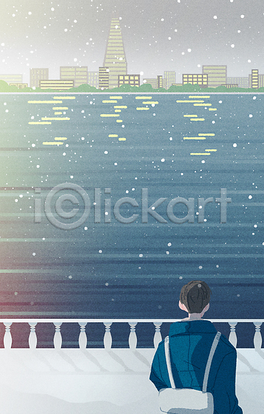 감성 남자 성인 성인남자한명만 한명 PSD 일러스트 가방 건물 겨울 눈(날씨) 눈내림 눈덮임 눈송이 도시 백그라운드 빌딩 상반신 아파트 파란색 풍경(경치) 한강