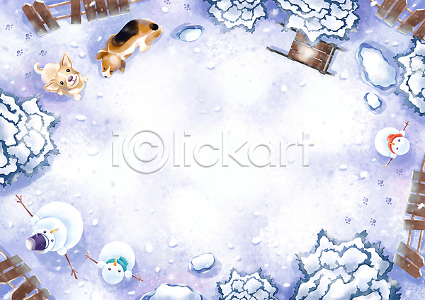 사람없음 PSD 일러스트 강아지 겨울 겨울배경 겨울풍경 나무 나무썰매 눈(날씨) 눈덮임 눈사람 두마리 반려견 반려동물 쌓인눈 올려보기 정원 프레임
