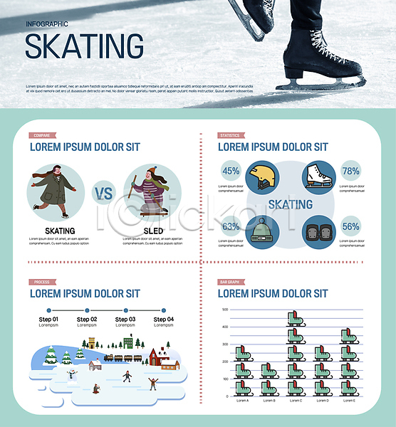 남자 성인 성인만 여러명 여자 AI(파일형식) 일러스트 겨울 겨울스포츠 그래프 빙판 스케이트 썰매 안전장비 얼음썰매 인포그래픽 전신 털모자 파란색 헬멧
