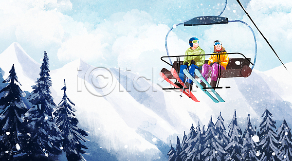 남자 두명 성인 성인만 여자 PSD 일러스트 겨울풍경 나무 눈(날씨) 리프트 설산 스키 스키리프트 스키복 스키장 승차 앉기 오르기 전신 커플