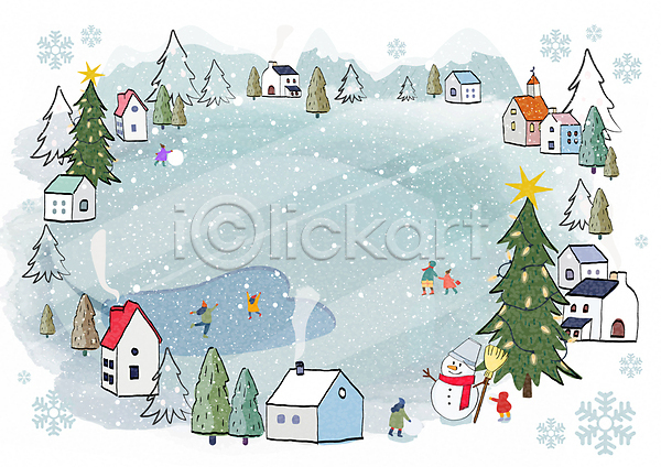 사람 여러명 PSD 일러스트 프레임일러스트 겨울 겨울배경 나무 눈사람 마을 빙판 전신 주택 크리스마스 크리스마스트리 프레임 하늘색 호수