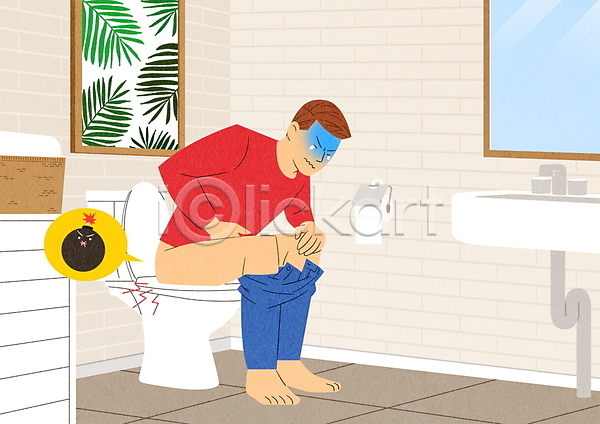 고통 남자 성인 성인남자한명만 한명 PSD 일러스트 거울 두루마리 말풍선 변기 변비 세면대 앉기 욕실 전신 찡그림 치질 폭탄 화장실