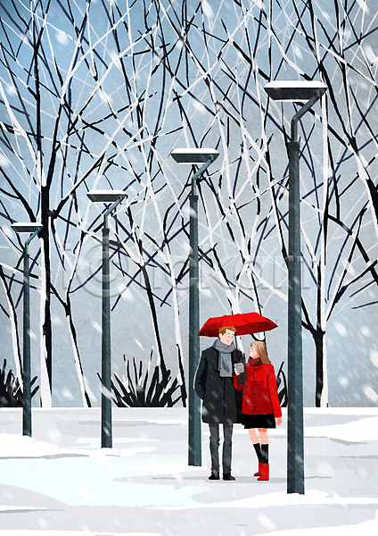 남자 두명 성인 성인만 여자 PSD 일러스트 가로등 가로수 걷기 겨울 공원 나무 눈(날씨) 눈내림 들기 우산 전신 첫눈 커플