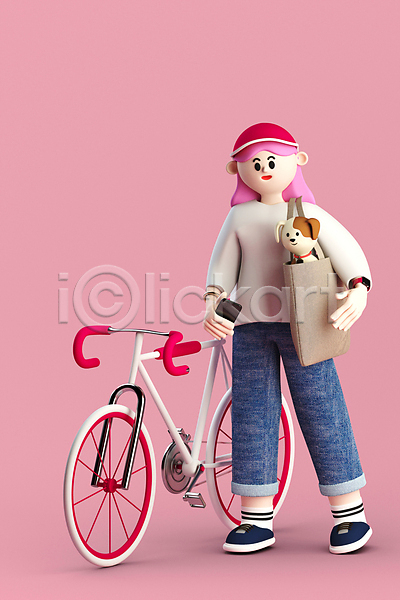 성인 성인여자한명만 여자 한명 3D PSD 디지털합성 편집이미지 3D캐릭터 강아지 그레이스 들기 반려견 반려동물 분홍색 서기 스마트폰 에코백 월간캐릭터 자전거 전신 캐주얼 편집 편집소스 한마리