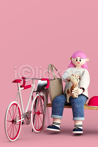 휴식 성인 성인여자한명만 여자 한명 3D PSD 디지털합성 편집이미지 3D캐릭터 강아지 그레이스 반려견 반려동물 벤치 분홍색 쓰다듬기 앉기 에코백 월간캐릭터 자전거 전신 캐주얼 편집 편집소스 한마리