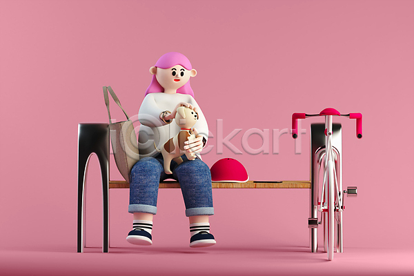 성인 성인여자한명만 여자 한명 3D PSD 디지털합성 편집이미지 3D캐릭터 강아지 그레이스 반려견 반려동물 벤치 분홍색 쓰다듬기 앉기 에코백 월간캐릭터 자전거 전신 캐주얼 편집 편집소스 한마리