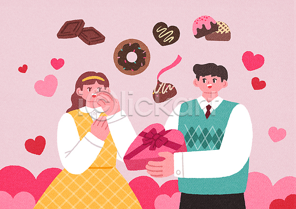 감동 기쁨 사랑 남자 두명 성인 성인만 여자 PSD 일러스트 데이트 도넛 들기 발렌타인데이 분홍색 상반신 선물 손들기 입가림 주기 초콜릿 커플 프로포즈 하트 하트상자