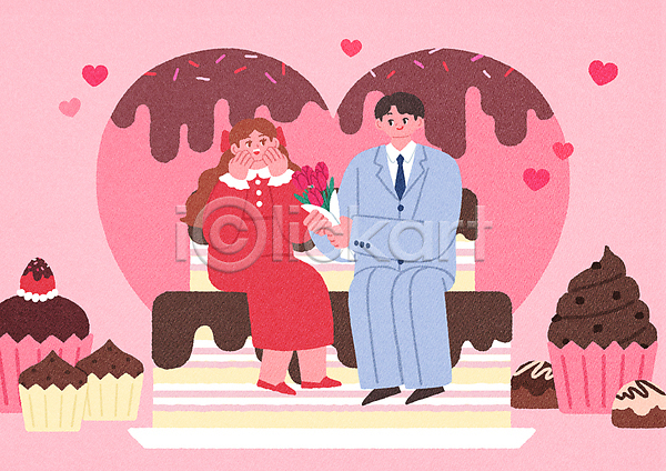 감동 기쁨 사랑 남자 두명 성인 성인만 여자 PSD 일러스트 꽃다발 데이트 머핀 발렌타인데이 분홍색 전신 초코케이크 초콜릿 커플 컵케이크 튤립 프로포즈 하트