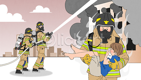 구출 남자 남자만 성인 어린이 여러명 AI(파일형식) 일러스트 119 구름(자연) 들기 방독면 빌딩 상반신 소방관 소방호스 아파트 연기 전신 하늘 화재 화재진압