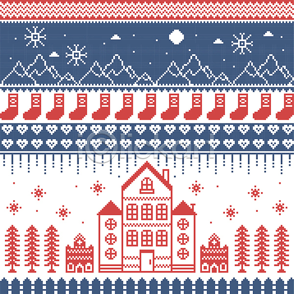 사람없음 AI(파일형식) 일러스트 겨울 교회 구름(자연) 나무 노르딕(디자인) 눈꽃 빨간색 산 양말 울타리 주택 크리스마스 파란색 패턴 픽셀 하트