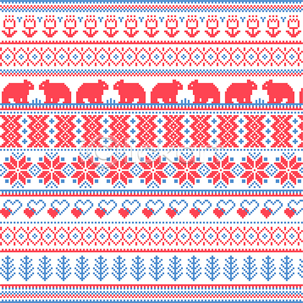 사람없음 AI(파일형식) 일러스트 겨울 곰 나무 노르딕(디자인) 눈꽃무늬 빨간색 크리스마스 튤립 파란색 패턴 픽셀 하트