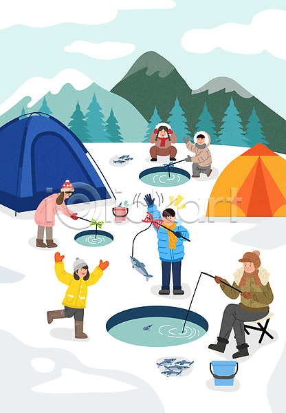 즐거움 남자 성인 소녀(어린이) 소년 어린이 여러명 여자 AI(파일형식) 일러스트 겨울 나무 낚시용품 낚시의자 낚시터 달리기 들기 만세 빙어 빙어낚시 빙판 산 앉기 얼음낚시 여러마리 전신 캠핑 캠핑장 텐트