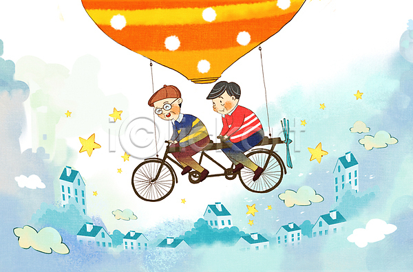 행복 남자 노년 노인남자만 두명 PSD 일러스트 건물 구름(자연) 마을 백그라운드 별 빵모자 실버타운 여행 열기구 자전거 주택 파란색