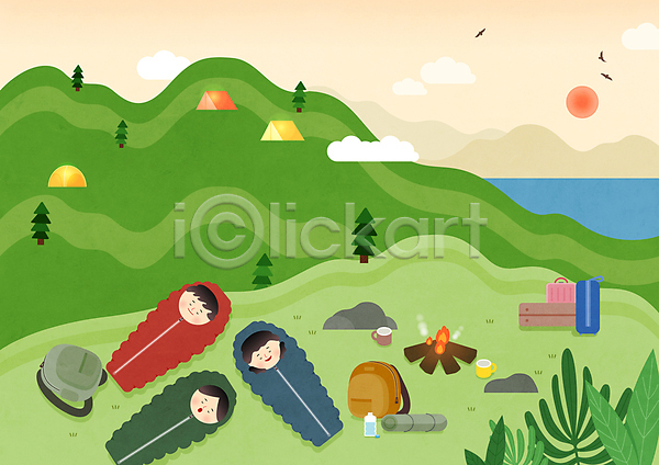 남자 성인 성인만 세명 여자 AI(파일형식) 일러스트 가방 구름(자연) 나무 나뭇잎 눕기 돌(바위) 모닥불 산 일출 전신 친구 침낭 캠핑 캠핑도구 텐트 풀잎 하늘