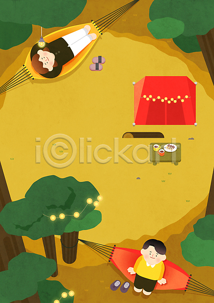 휴식 남자 두명 성인 성인만 여자 AI(파일형식) 일러스트 하이앵글 과자 나무 눕기 숲속 슬리퍼 앉기 알전구 야외 올려보기 전신 캠핑 커플 커피 텐트 통나무의자 해먹